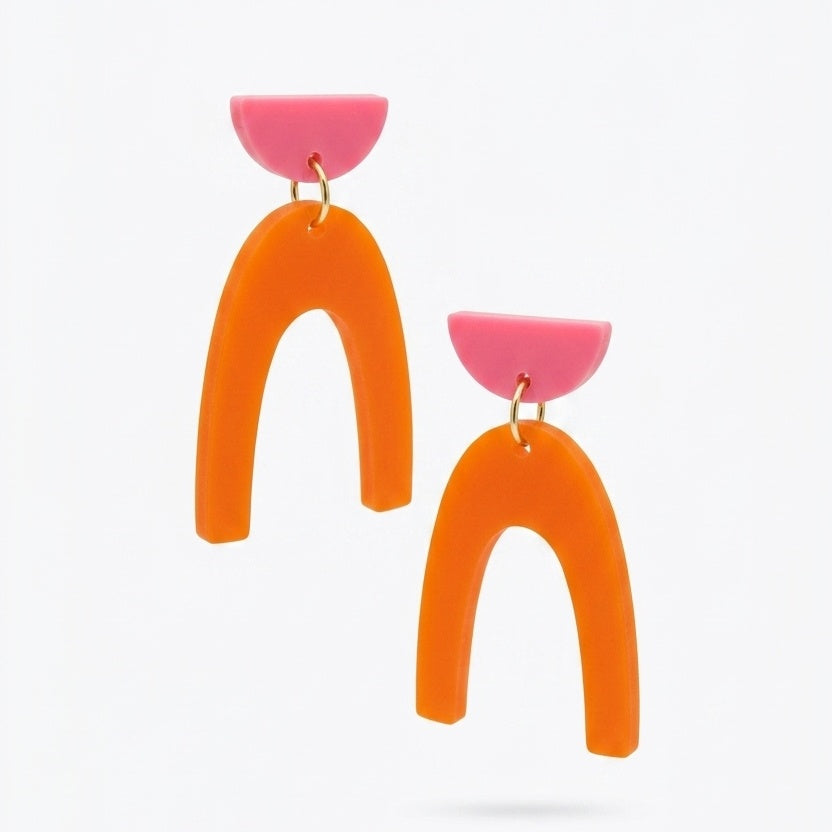 Orange and pink resin arch earrings