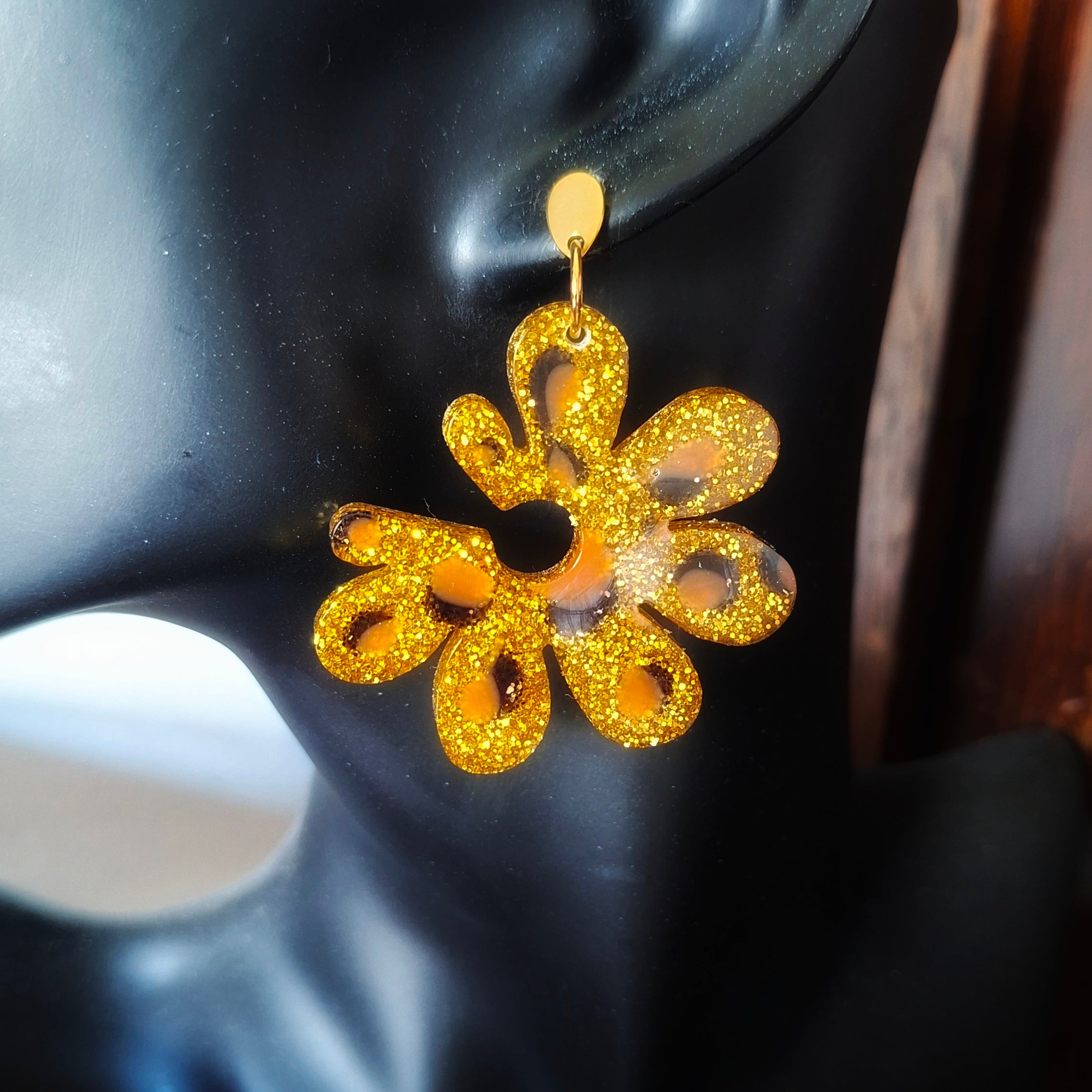 Glittering Groovy Leopard Print Flower Earrings