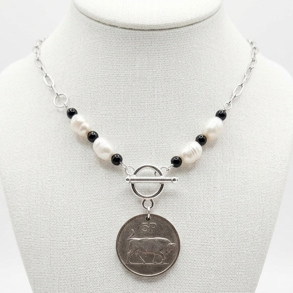 Handmade 1986 Irish 5p Coin Necklace. Repurposed freshwater pearls and hematite beads.