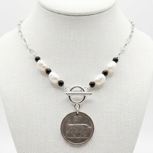 Handmade 1986 Irish 5p Coin Necklace. Repurposed freshwater pearls and hematite beads.