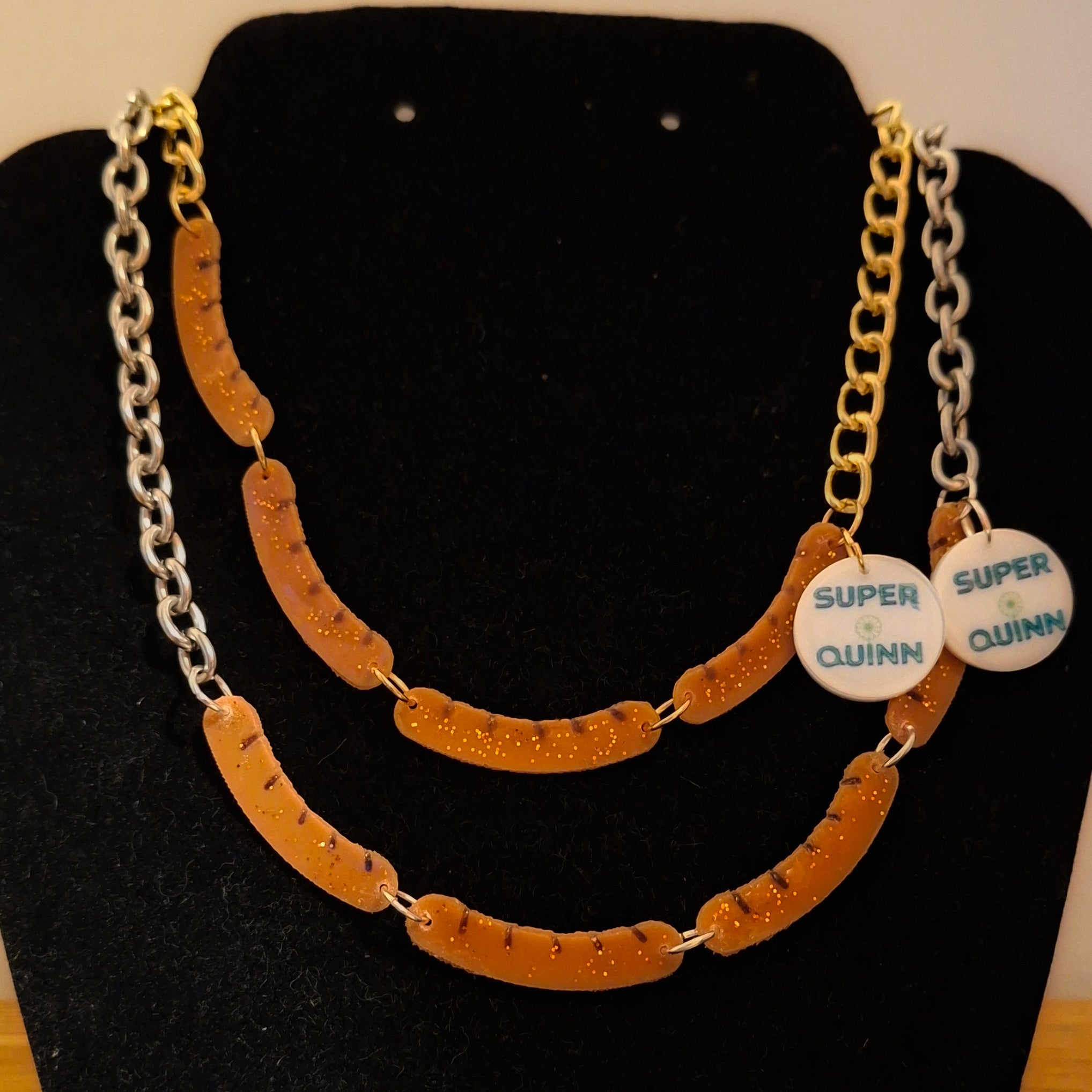Handmade bio-resin Superquinn Sausage Necklace.