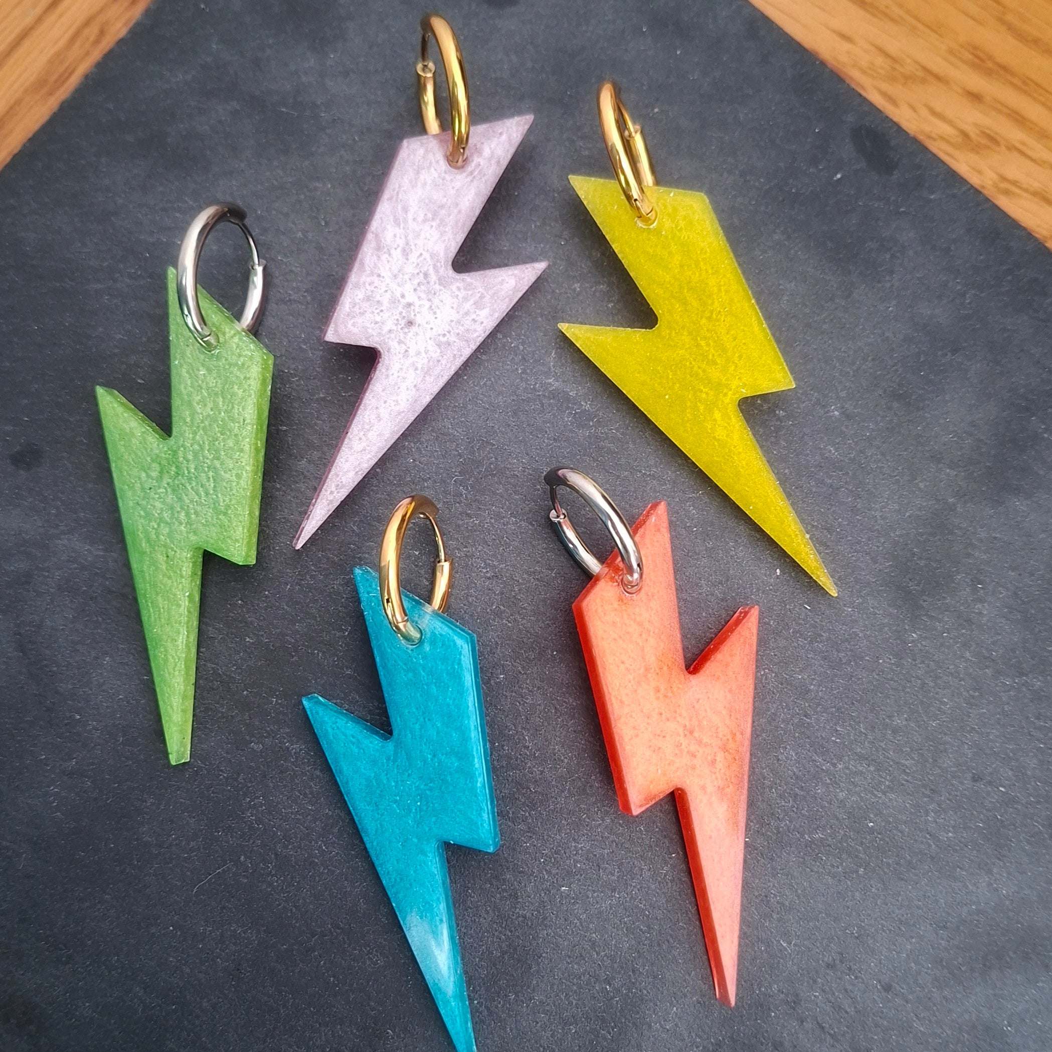 Lime, yellow, lavender, blue and orange lightning bolt earrings