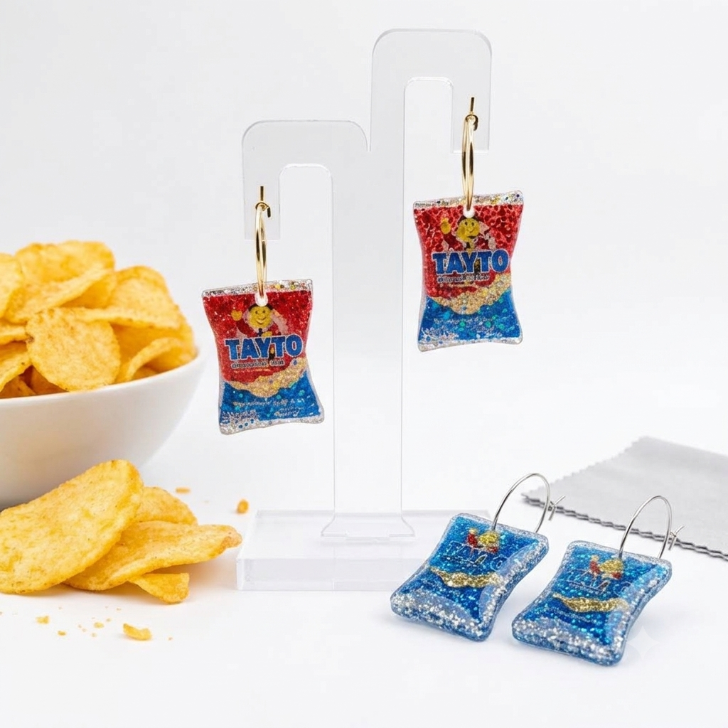 Tayto crisp packet drop earrings in red and blue glitter designs, displayed beside potato crisps with additional pairs arranged below.