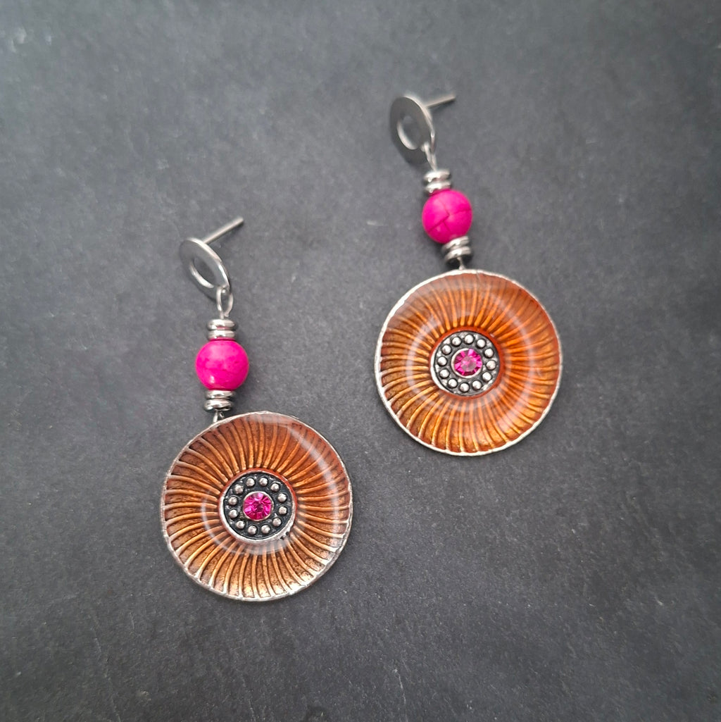 Orange and pink enamelled disc earrings