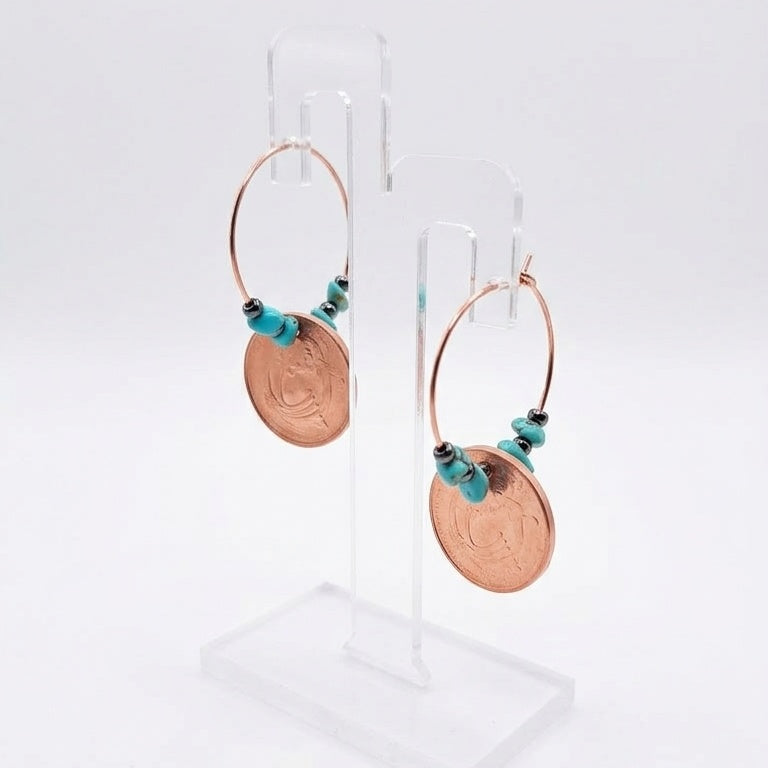 Rose gold hoops with Irish 1995 1p coins and turquoise chips.
