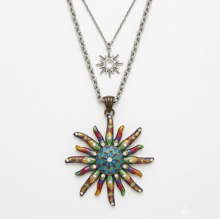 Solstice Starburst Layered Necklace | Vintage Sun Pendant