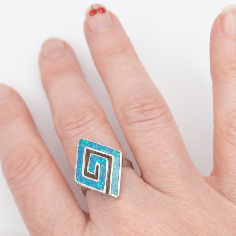 Vintage Sterling Silver Greek Key Opal Ring