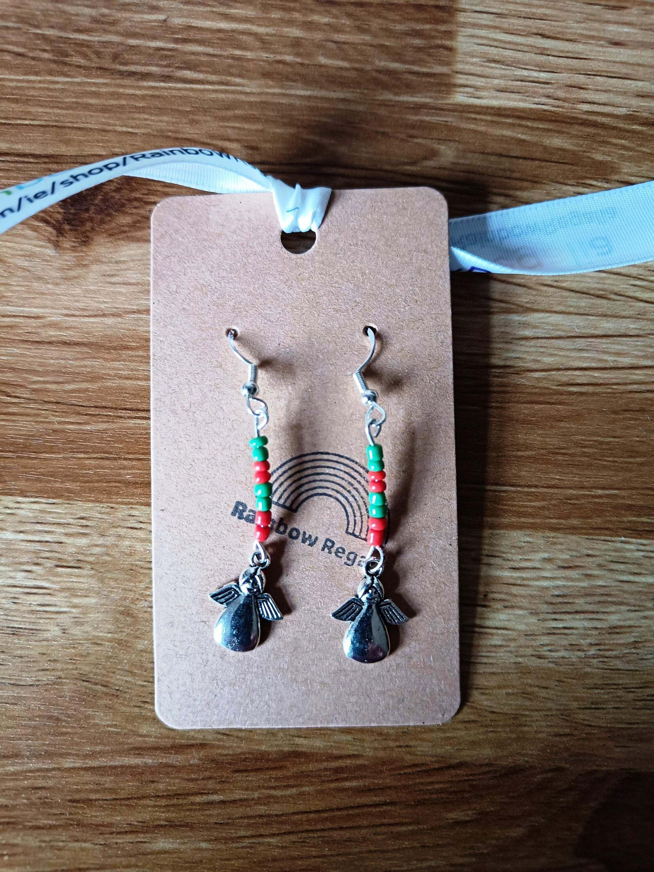 Red and green angel earrings with dangle design, featuring repurposed glass seed beads.