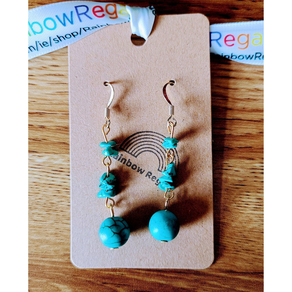 Gold turquoise earrings with repurposed turquoise beads and chips on 14K gold plated brass ear wires.