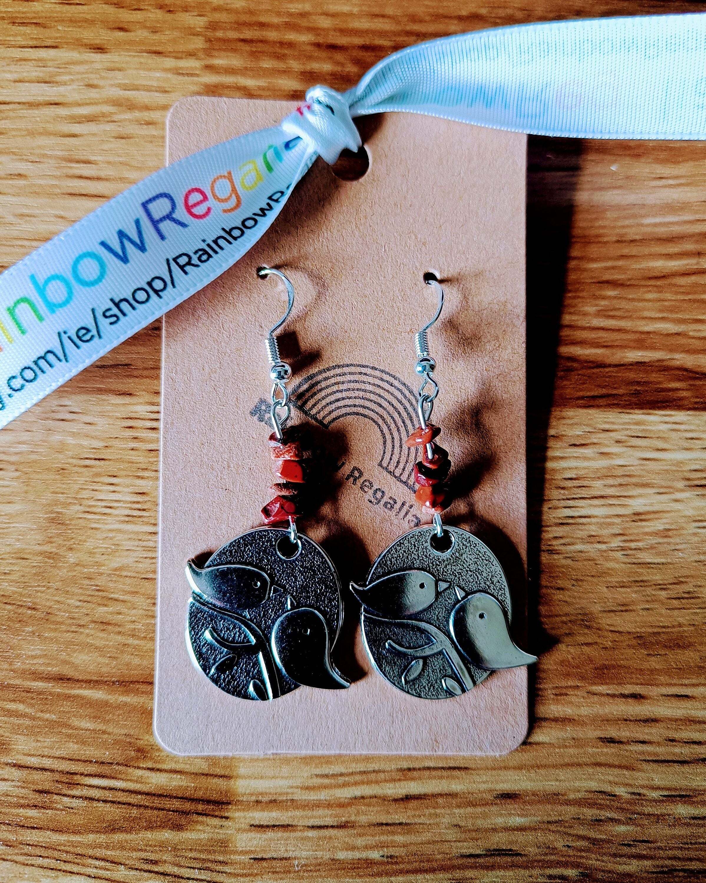 Red Jasper Bird Earrings with antique silver discs and sterling silver hooks.
