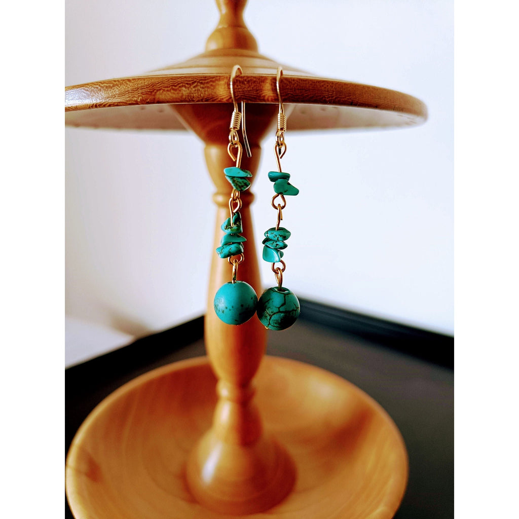 Gold turquoise earrings with repurposed turquoise stone beads and raw turquoise chips, 14K gold plated brass ear wires, dangle design.