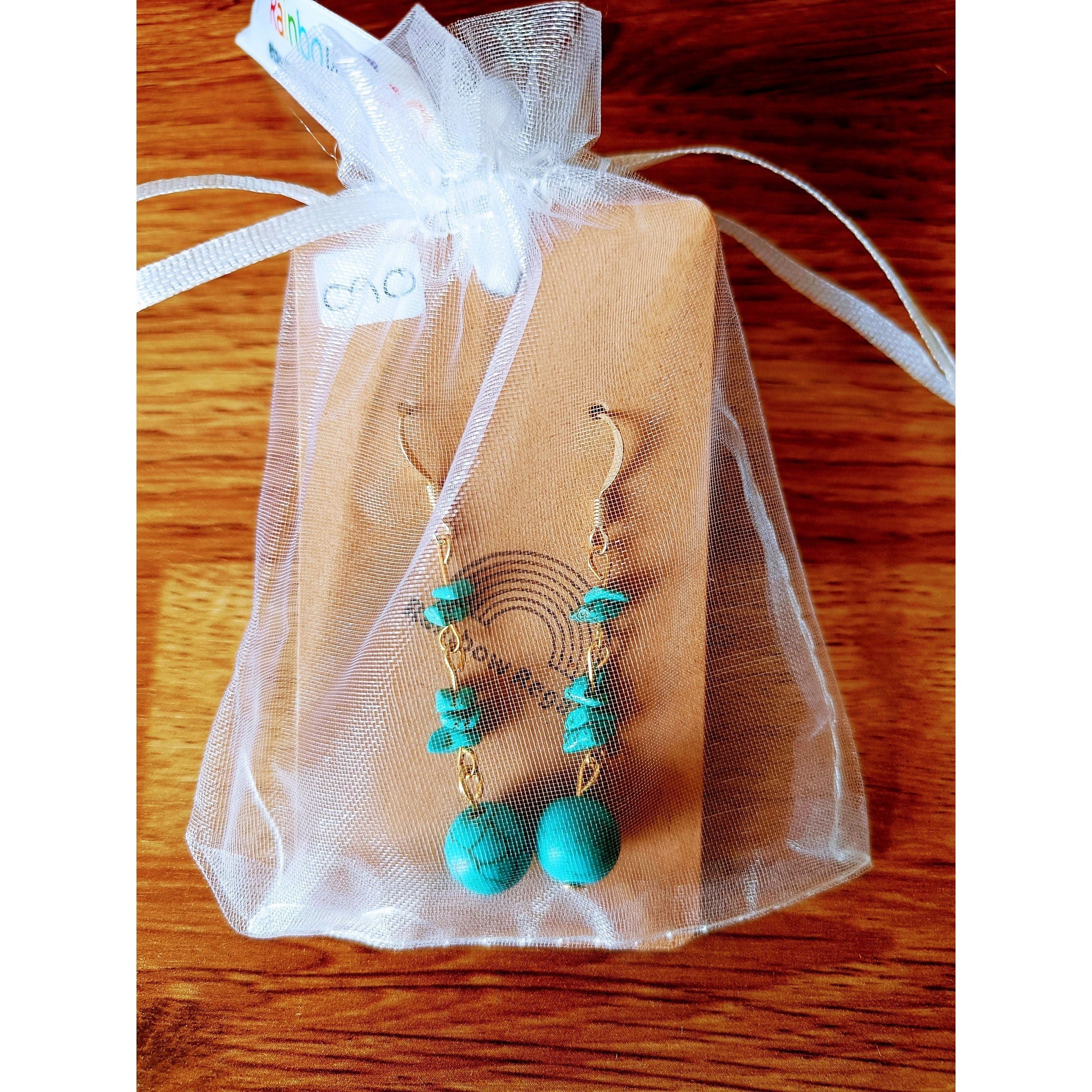 Gold Turquoise Earrings with repurposed turquoise beads and raw chips on 14K gold plated ear wires.