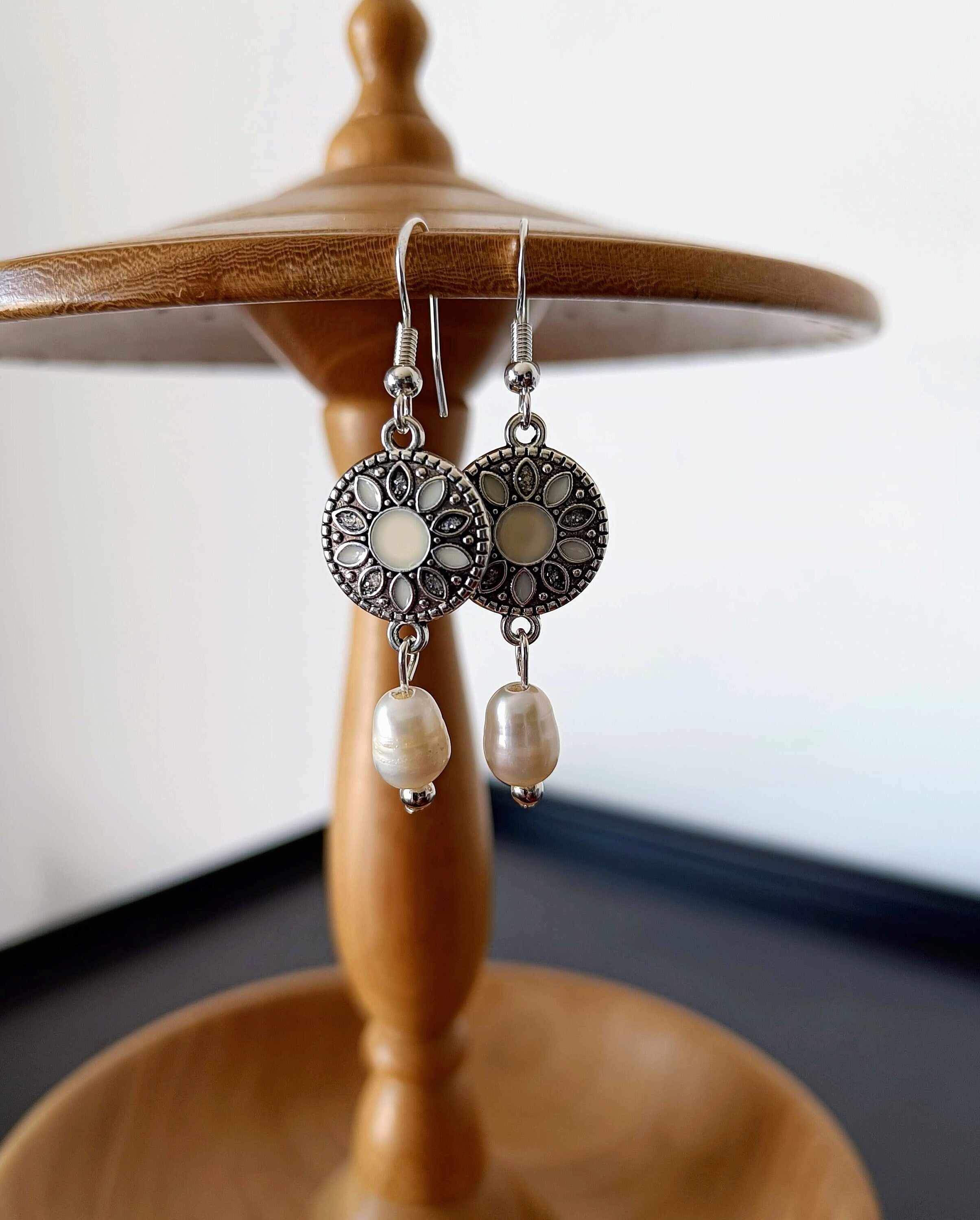 Diana Pearl Drop Earrings with freshwater pearls, silver-plated beads, and enamelled disc.