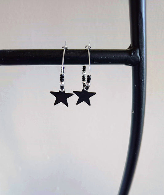 Black and Silver Star Hoops