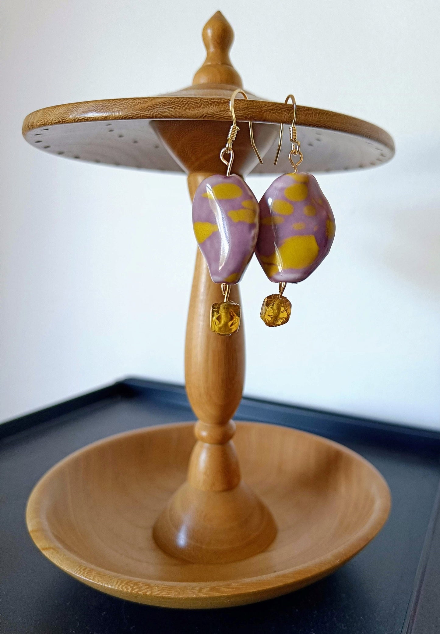 Purple and Yellow Ceramic Earrings