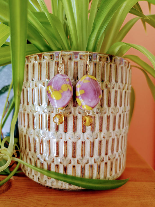 Purple and Yellow Ceramic Earrings