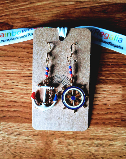 Jeannie Sailor Earrings with repurposed glass seed beads and enamelled anchor and ship's wheel charms.