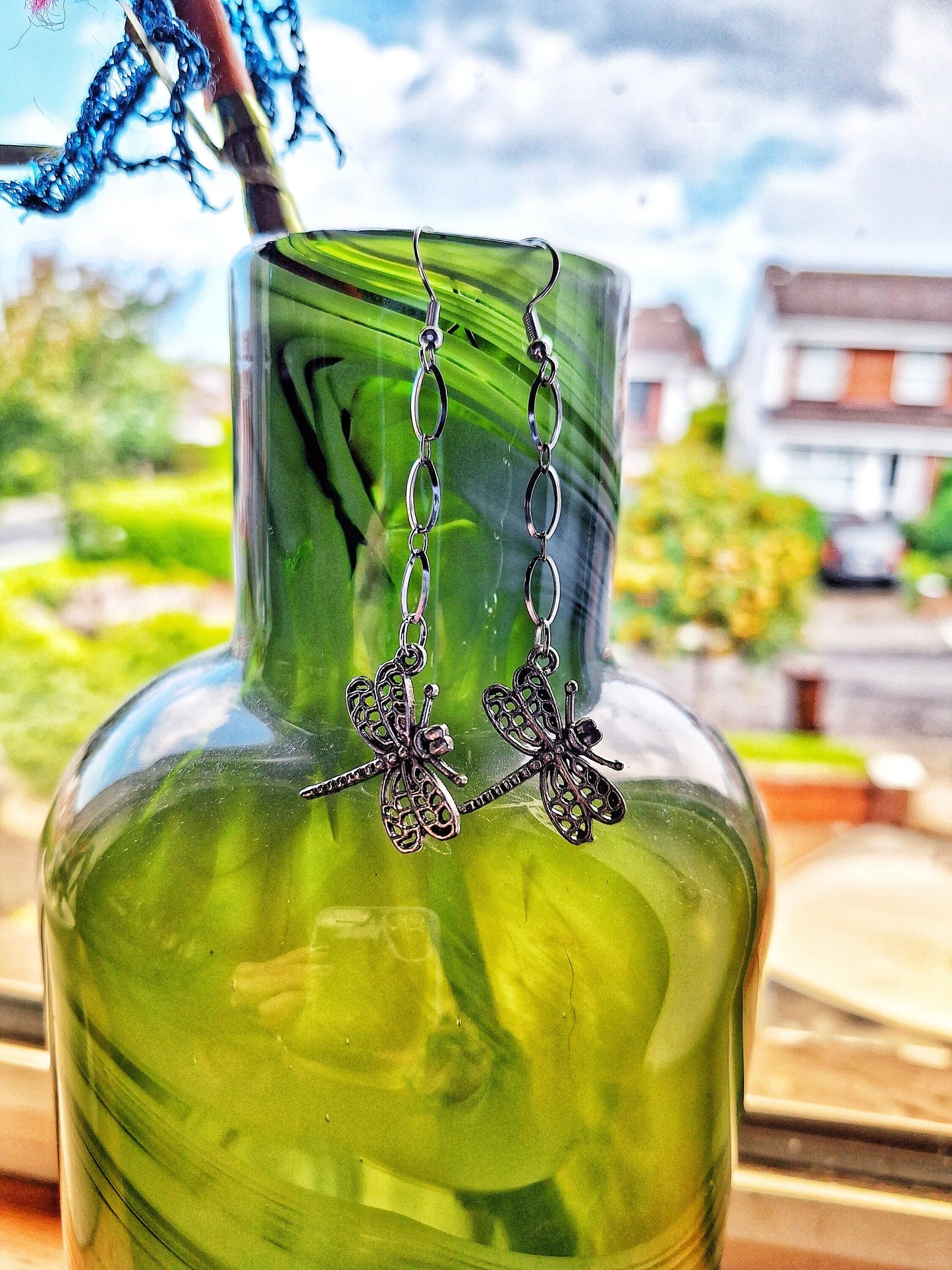 Long Silver Dragonfly Earrings