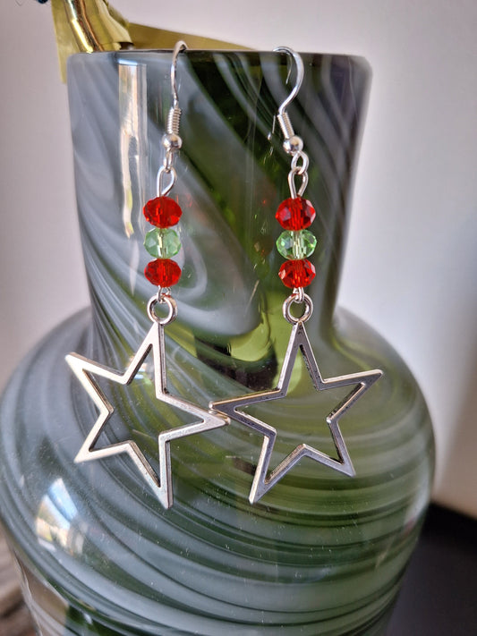 Green and Red Large Star Earrings