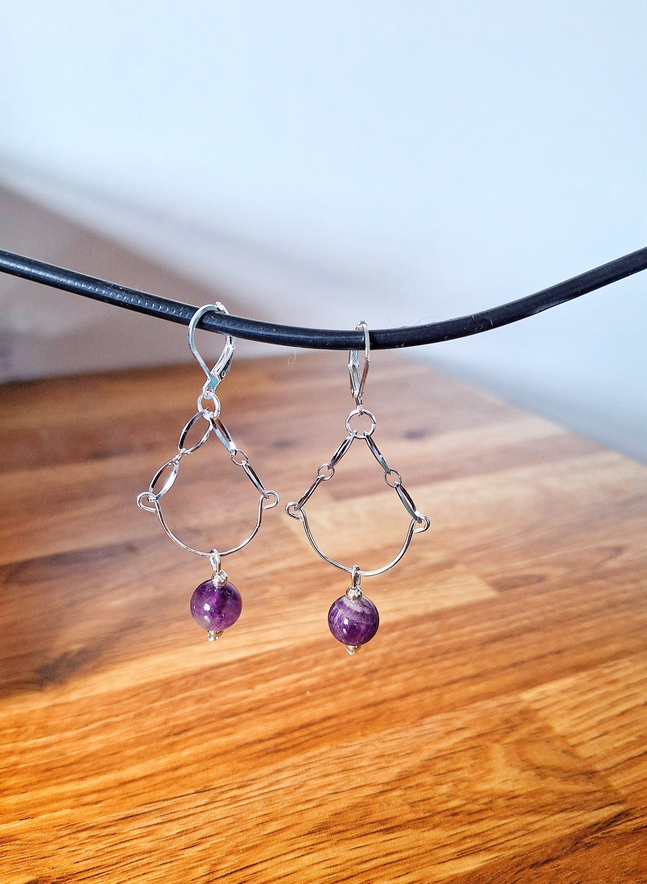 Heather Chandelier Earrings featuring genuine amethyst stone beads on silver chains.