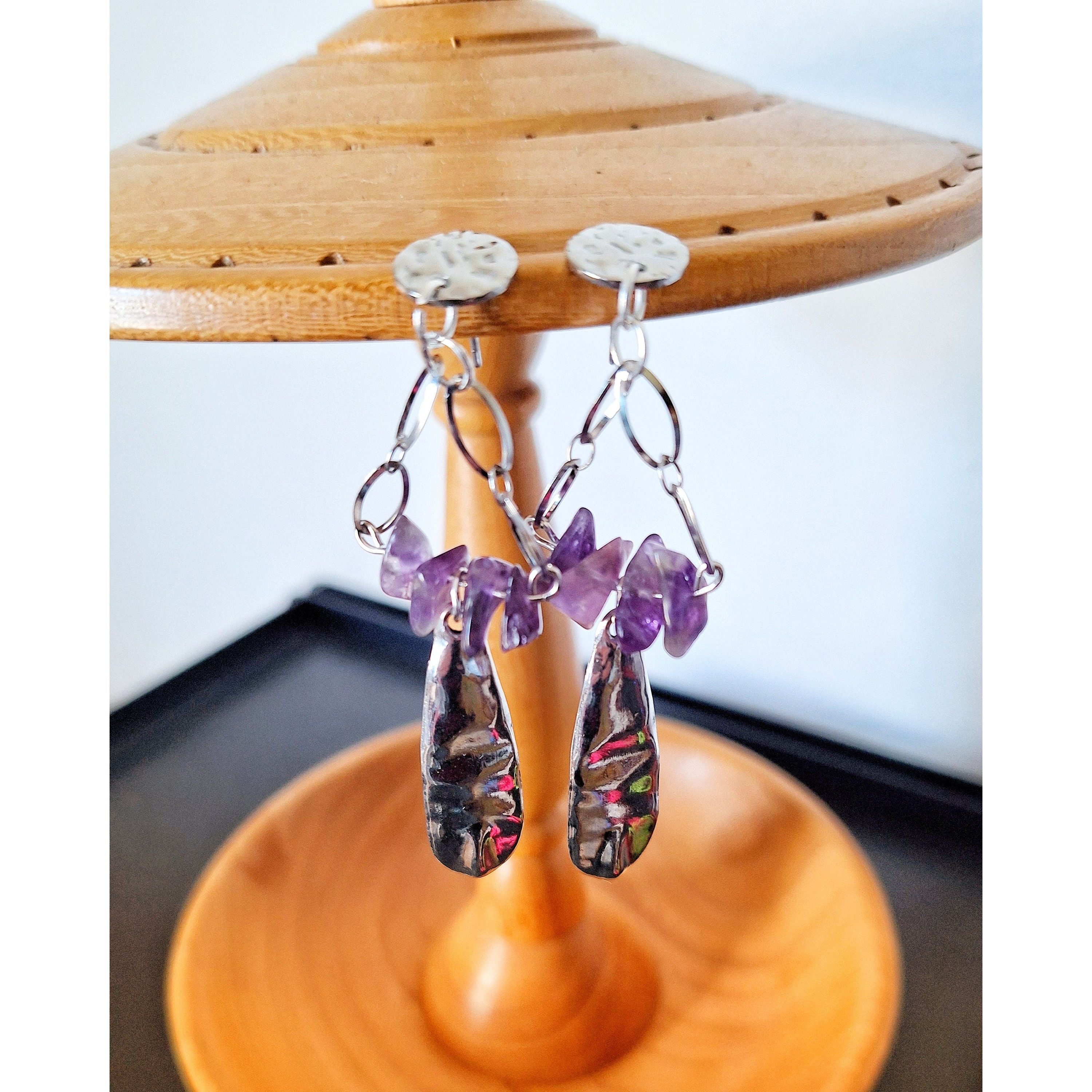 Aurora Chandelier Earrings with amethyst chips and stainless steel studs.