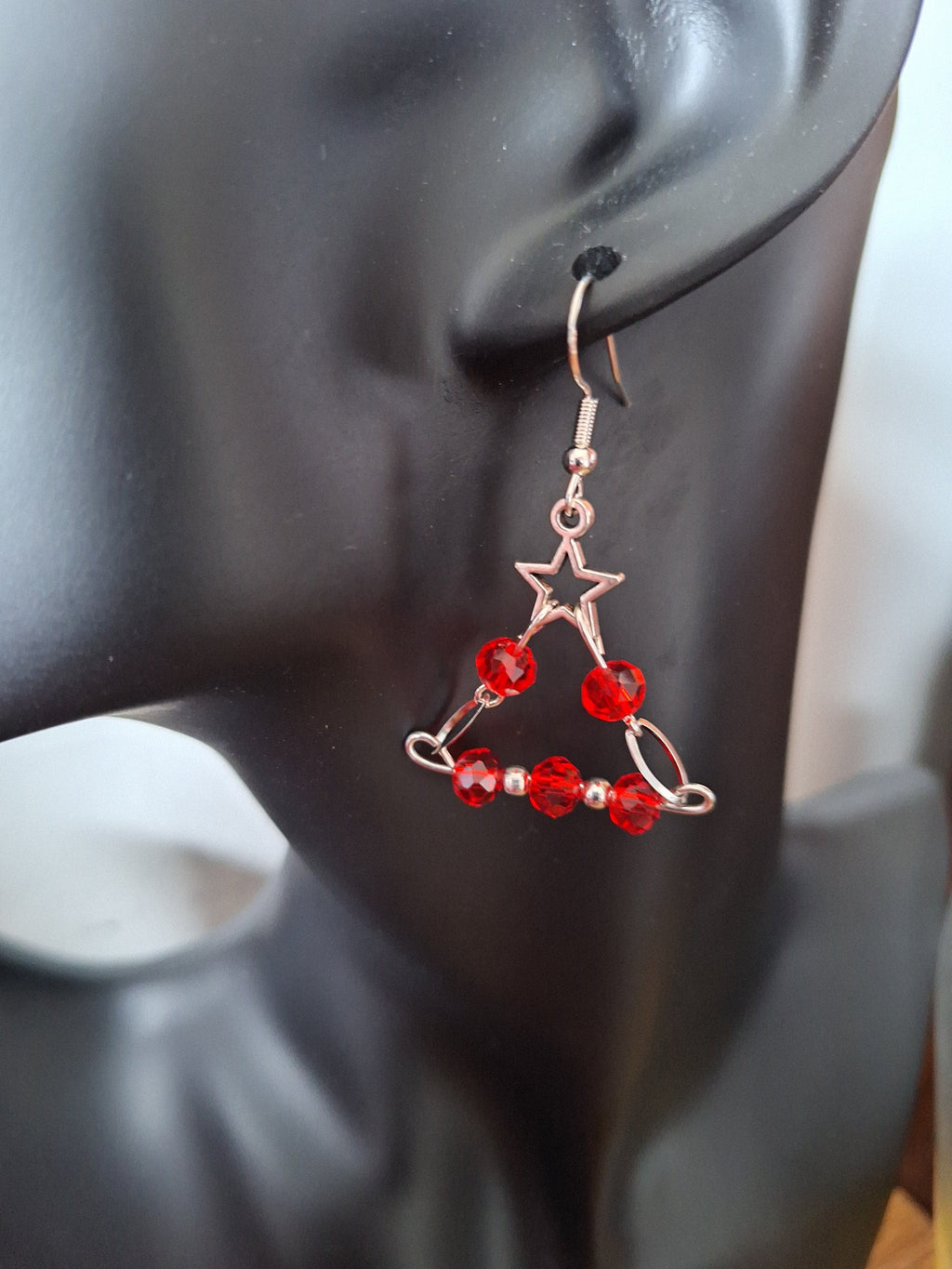 Eve Chandelier Earrings in festive red, star detail, handcrafted with repurposed glass beads, stainless steel chain.
