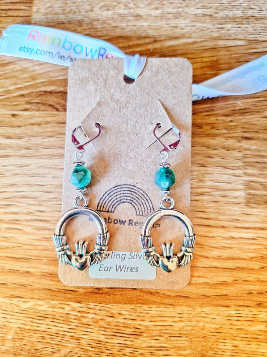 Bébhinn Green Claddagh Earrings with sterling silver and green tourmaline beads.
