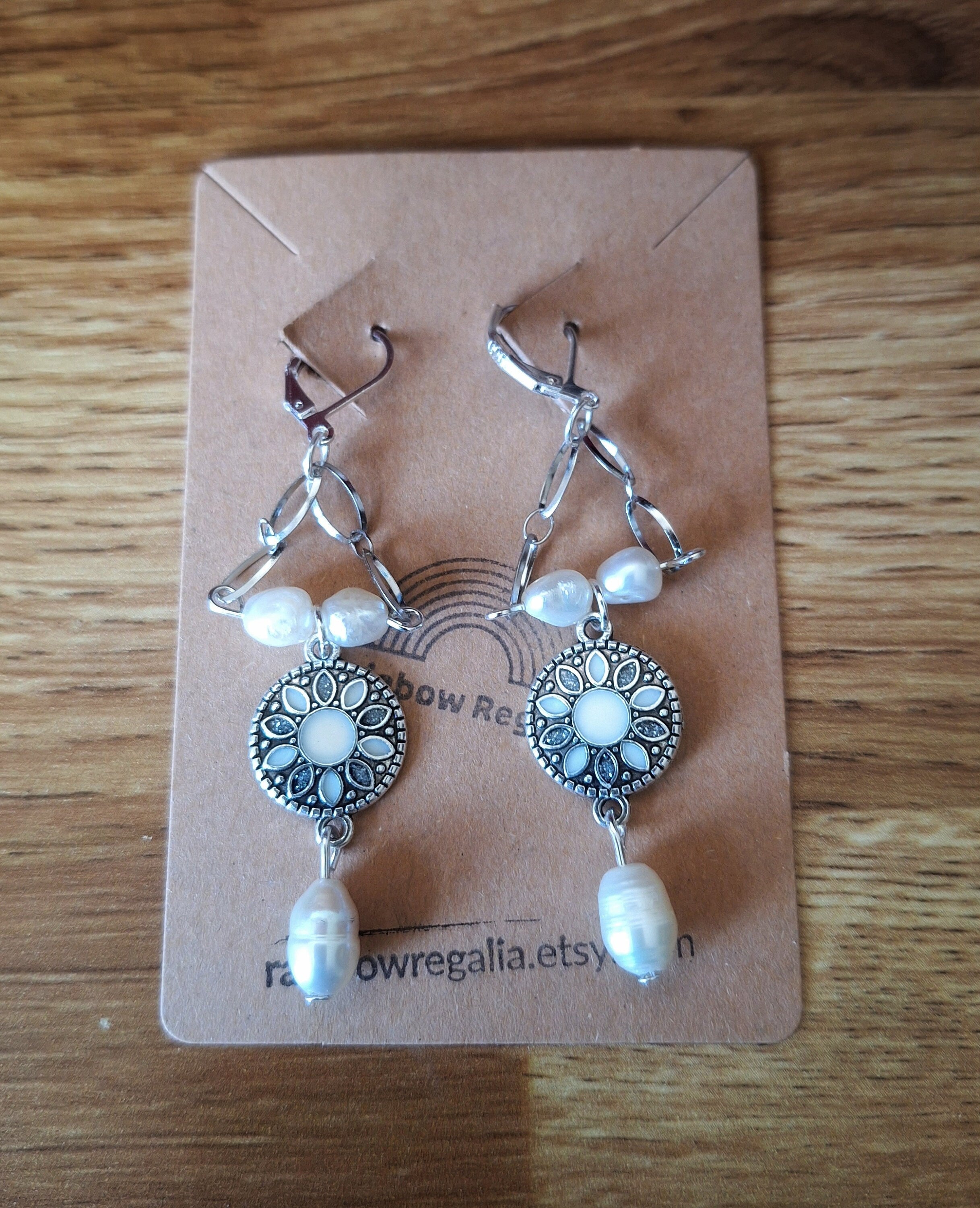 Gabrielle Chandelier Earrings with repurposed freshwater pearls and enamelled disc on stainless steel chains.