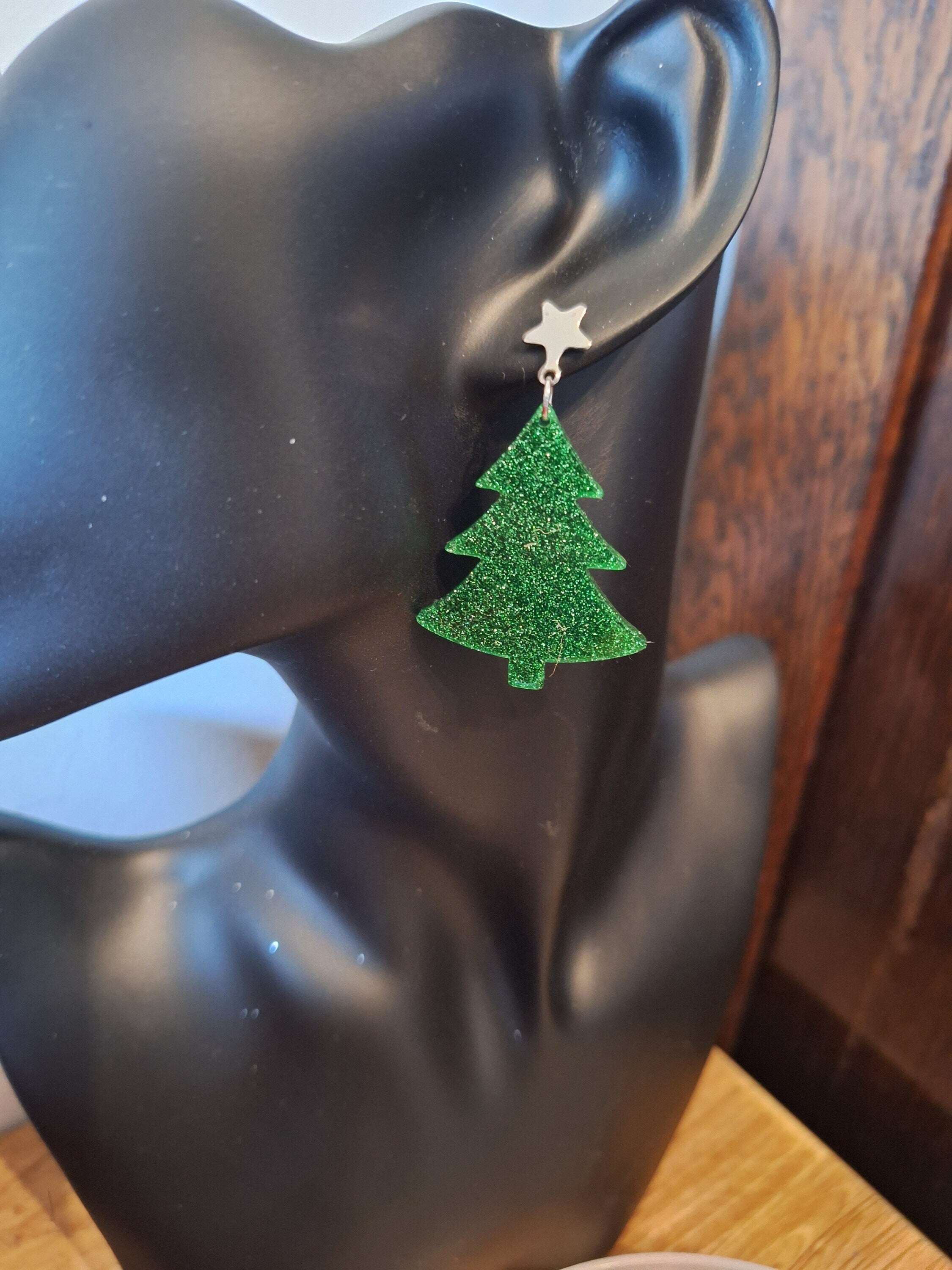 Lucia Christmas Tree Earrings with acrylic charms and stainless steel star studs.