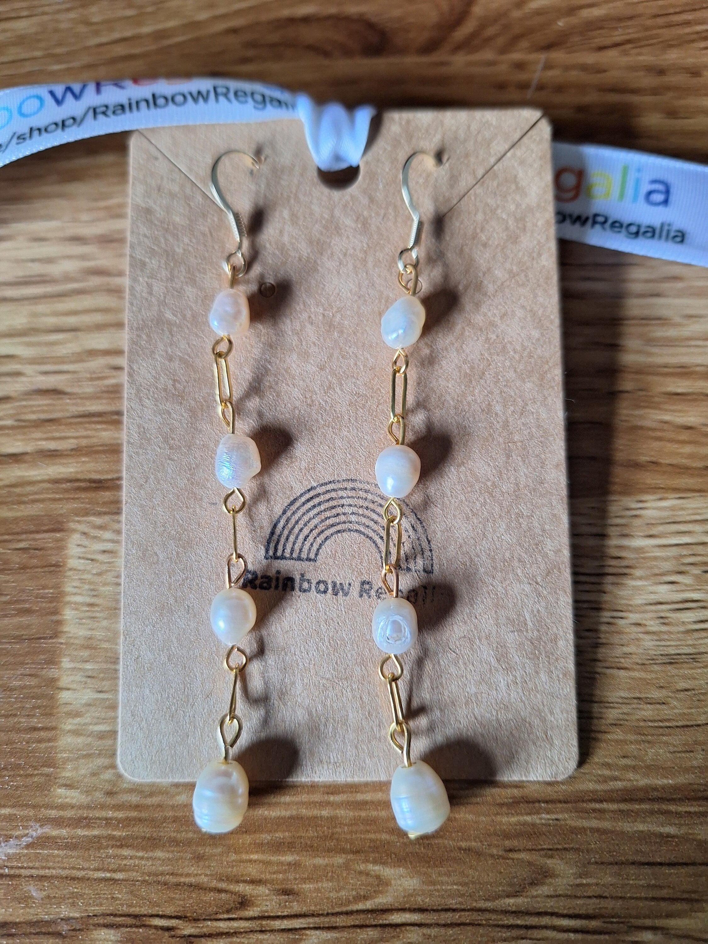 Vivienne Pearl Drop Earrings on gold-plated chain featuring repurposed freshwater pearls.