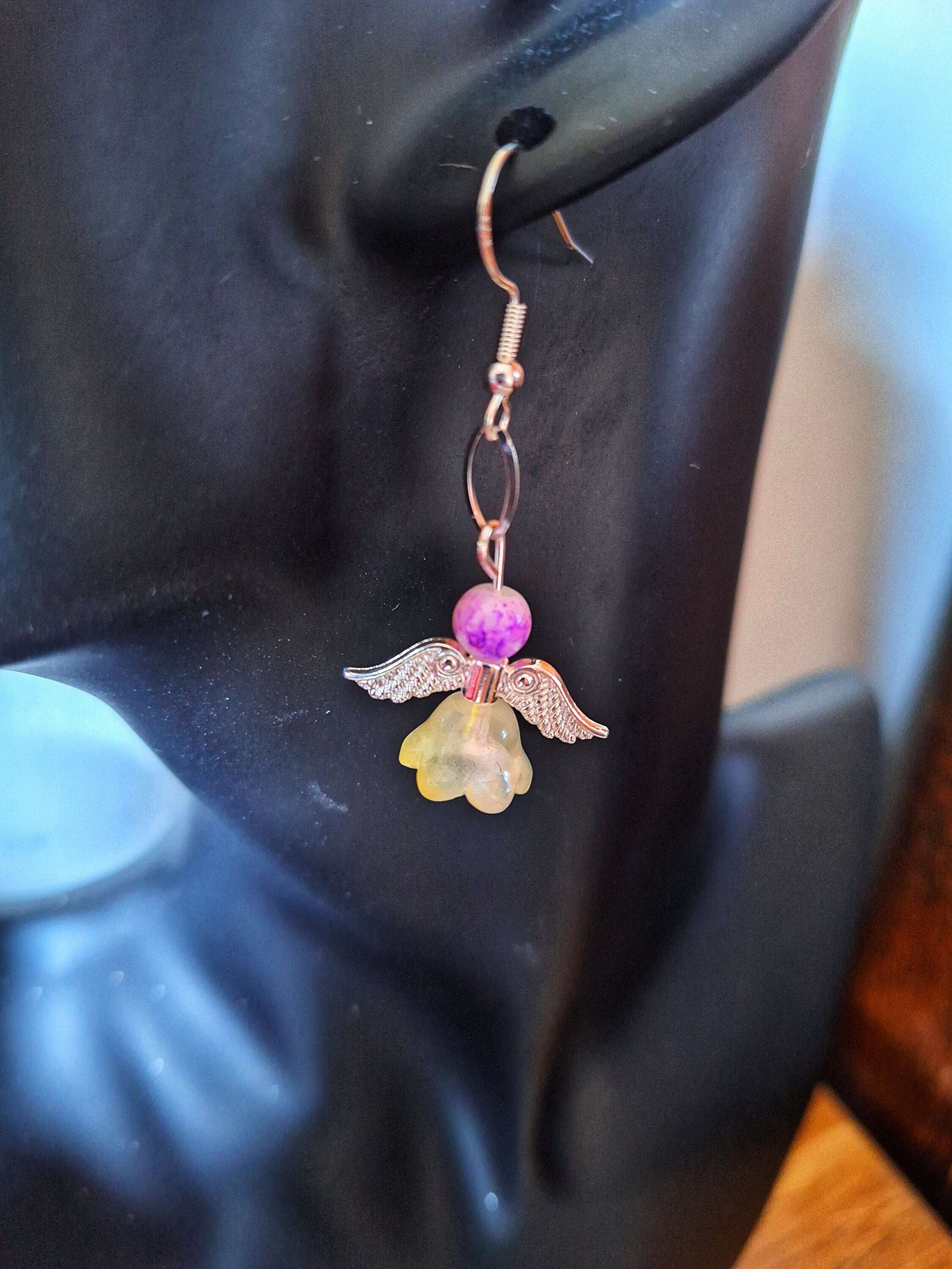 Angelica Silver Angel Earrings with repurposed glass beads and silver-plated findings.