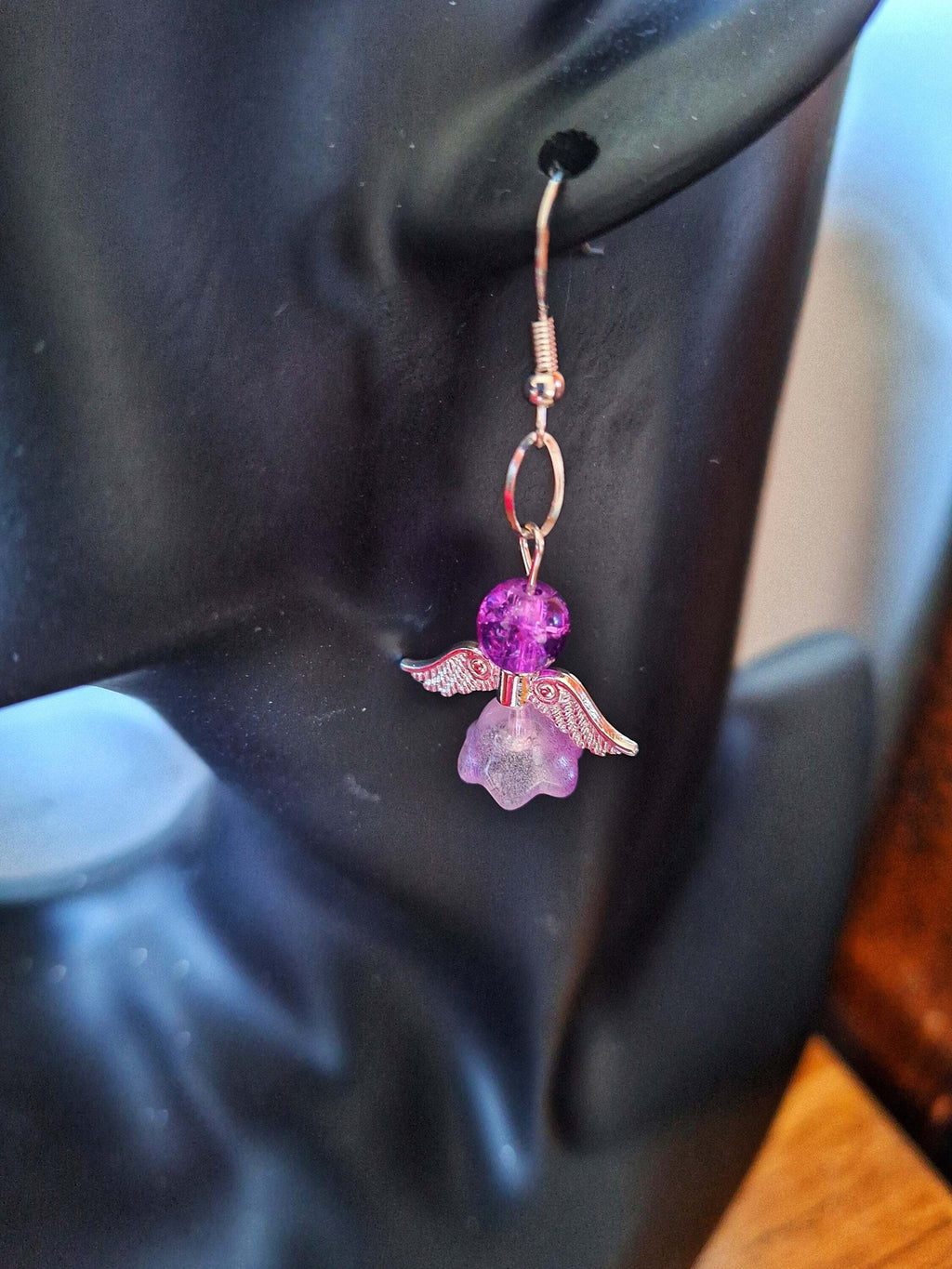 Angelica Silver Angel Earrings with repurposed glass beads and sterling silver wires.