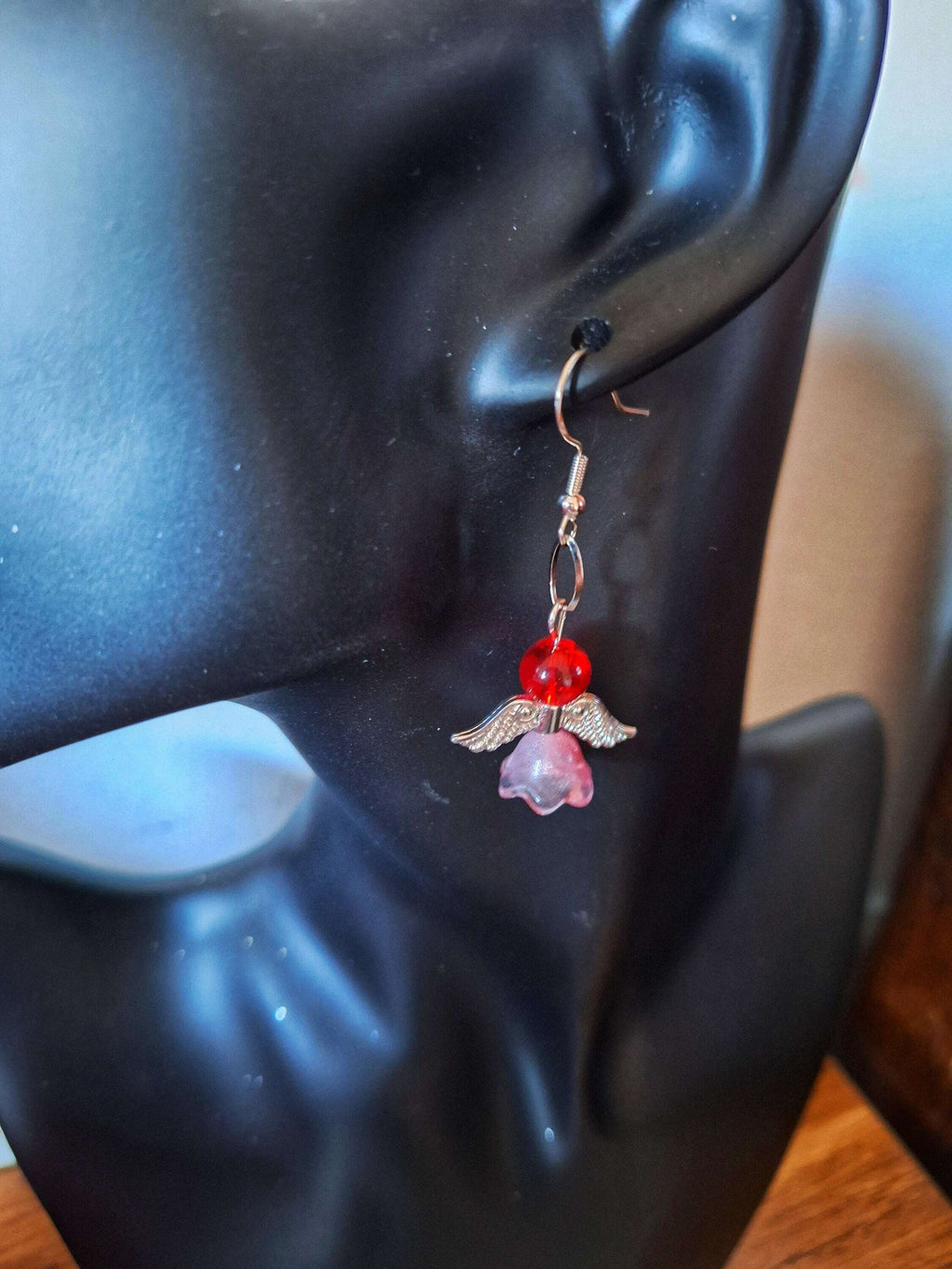 Elegant Angelica Silver Angel Earrings with red and pink repurposed glass beads, featuring silver-plated findings and sterling silver ear wires.