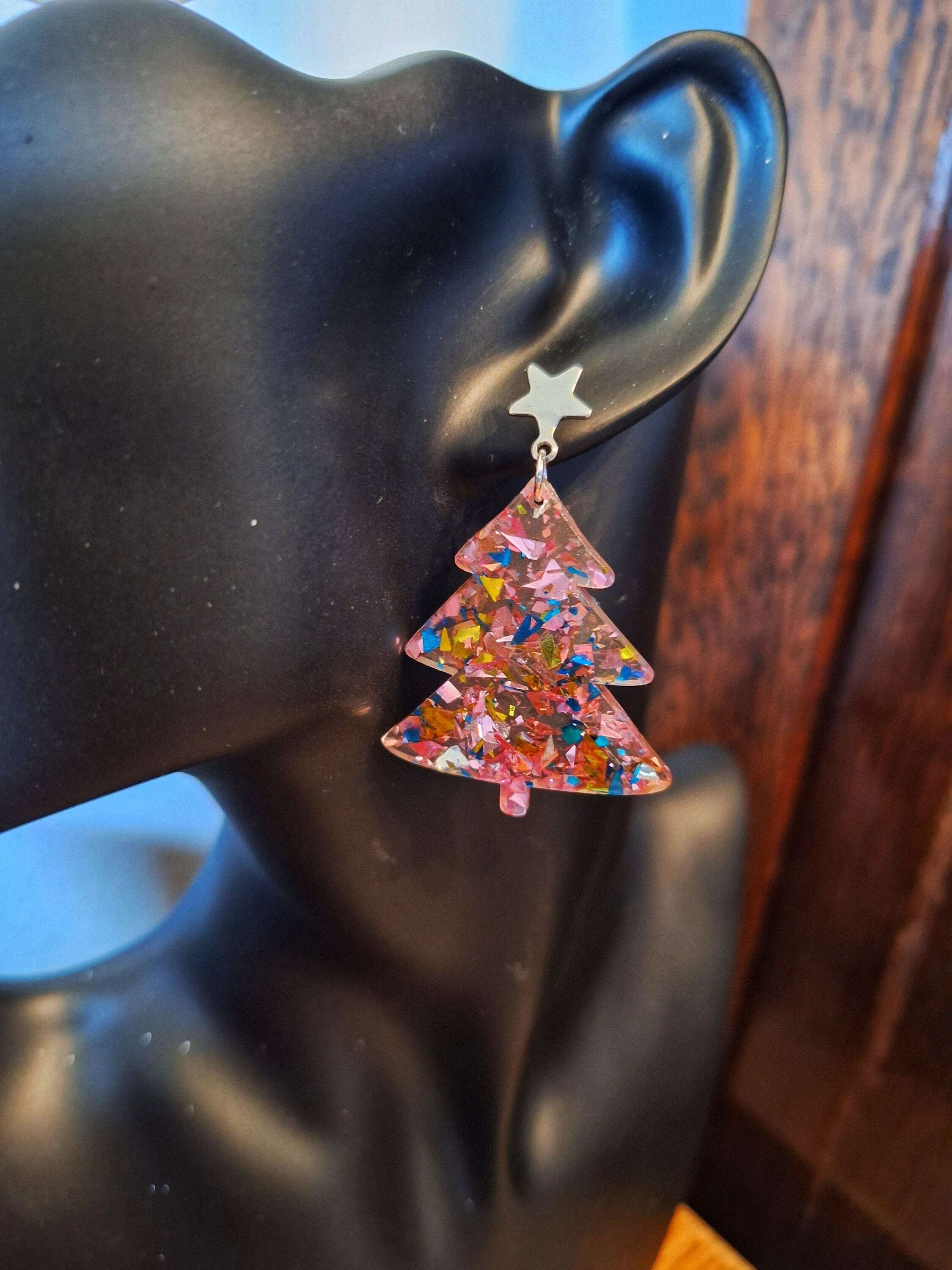 Lucia Christmas Tree Earrings with acrylic tree charms and stainless steel star studs.