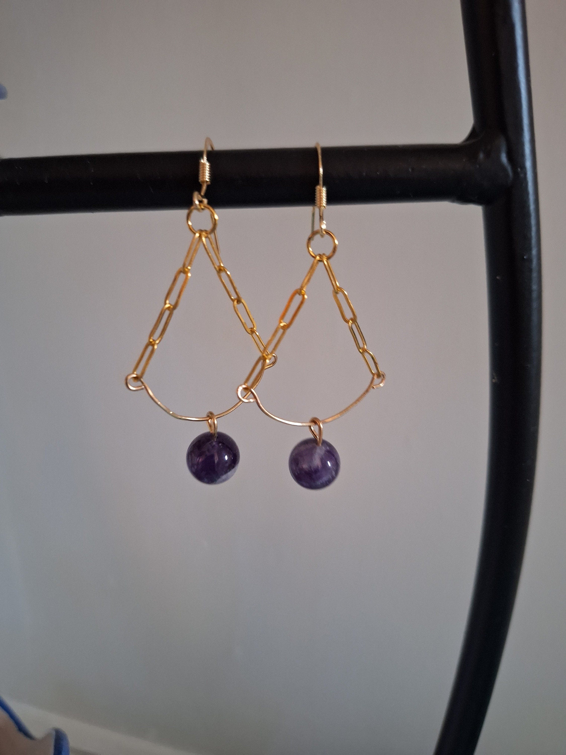 Heather Chandelier Earrings with amethyst stones and gold chain.