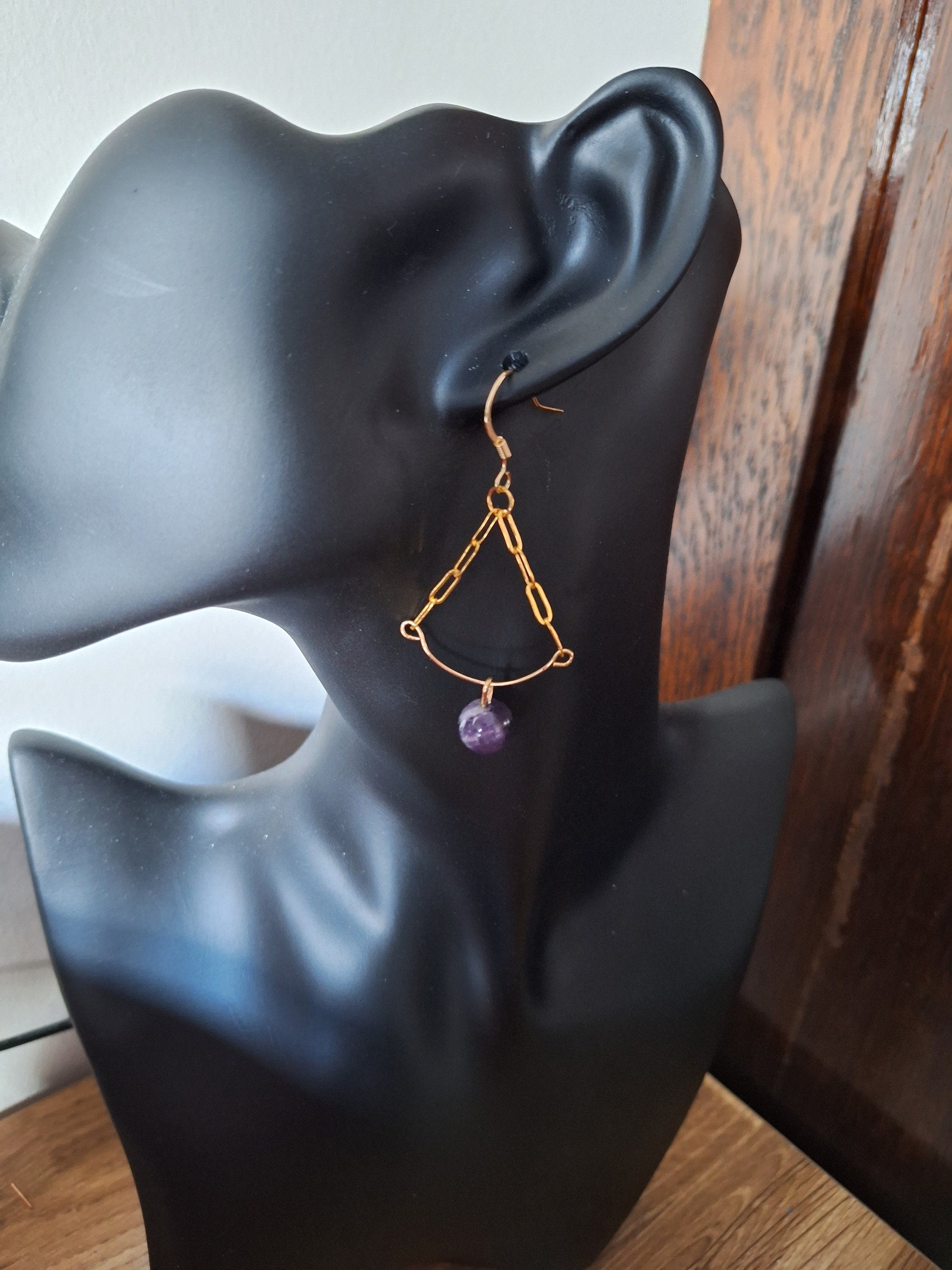 Heather Chandelier Earrings with amethyst bead on mannequin display.