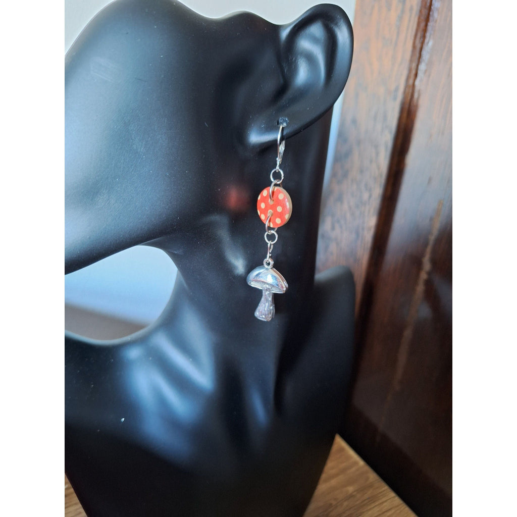 Auri Mushroom Earrings with repurposed wooden buttons and silver-plated findings.
