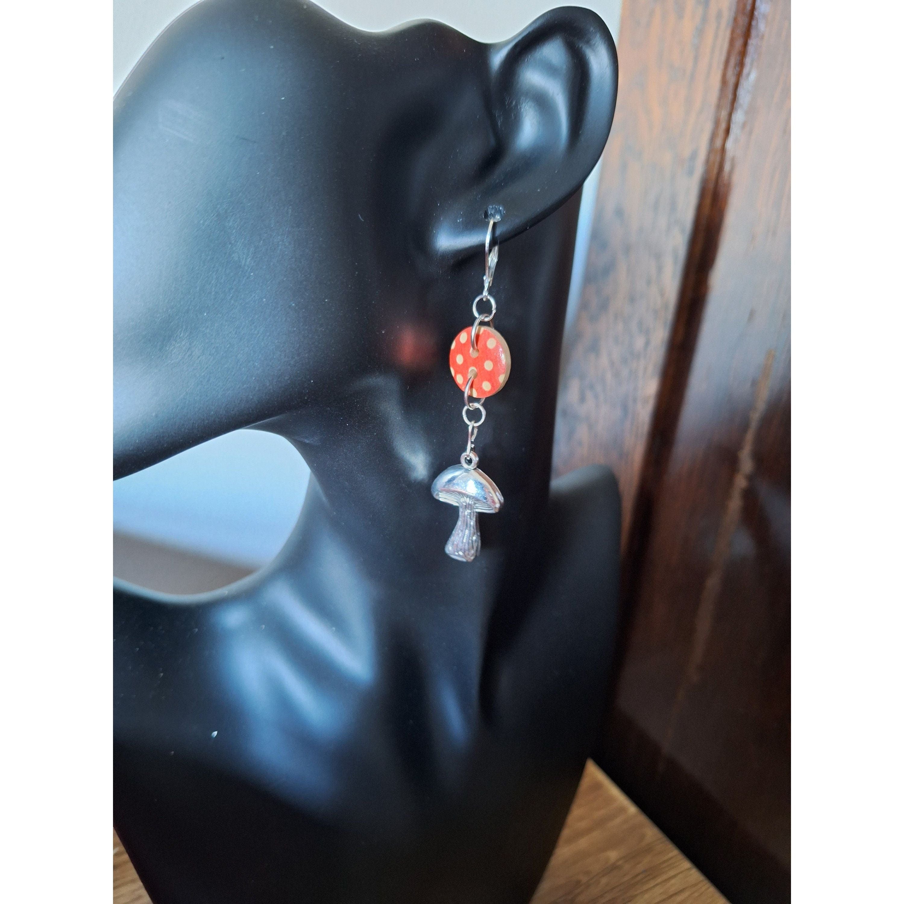 Auri Mushroom Earrings with repurposed wooden buttons and silver-plated findings.