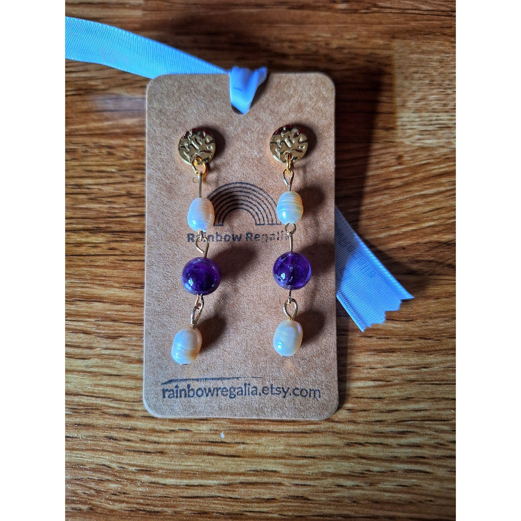 Elizabeth Pearl and Amethyst Earrings with freshwater pearls and amethyst on gold-plated stainless steel posts.