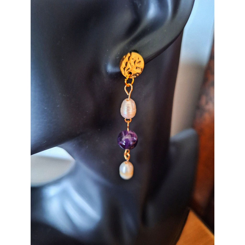 Elizabeth Pearl and Amethyst Earrings with freshwater pearls and amethyst stone beads.