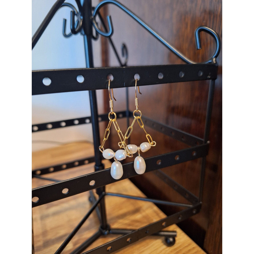 Victoria Pearl Earrings with repurposed freshwater pearls on gold-plated chain, 50mm chandelier design.