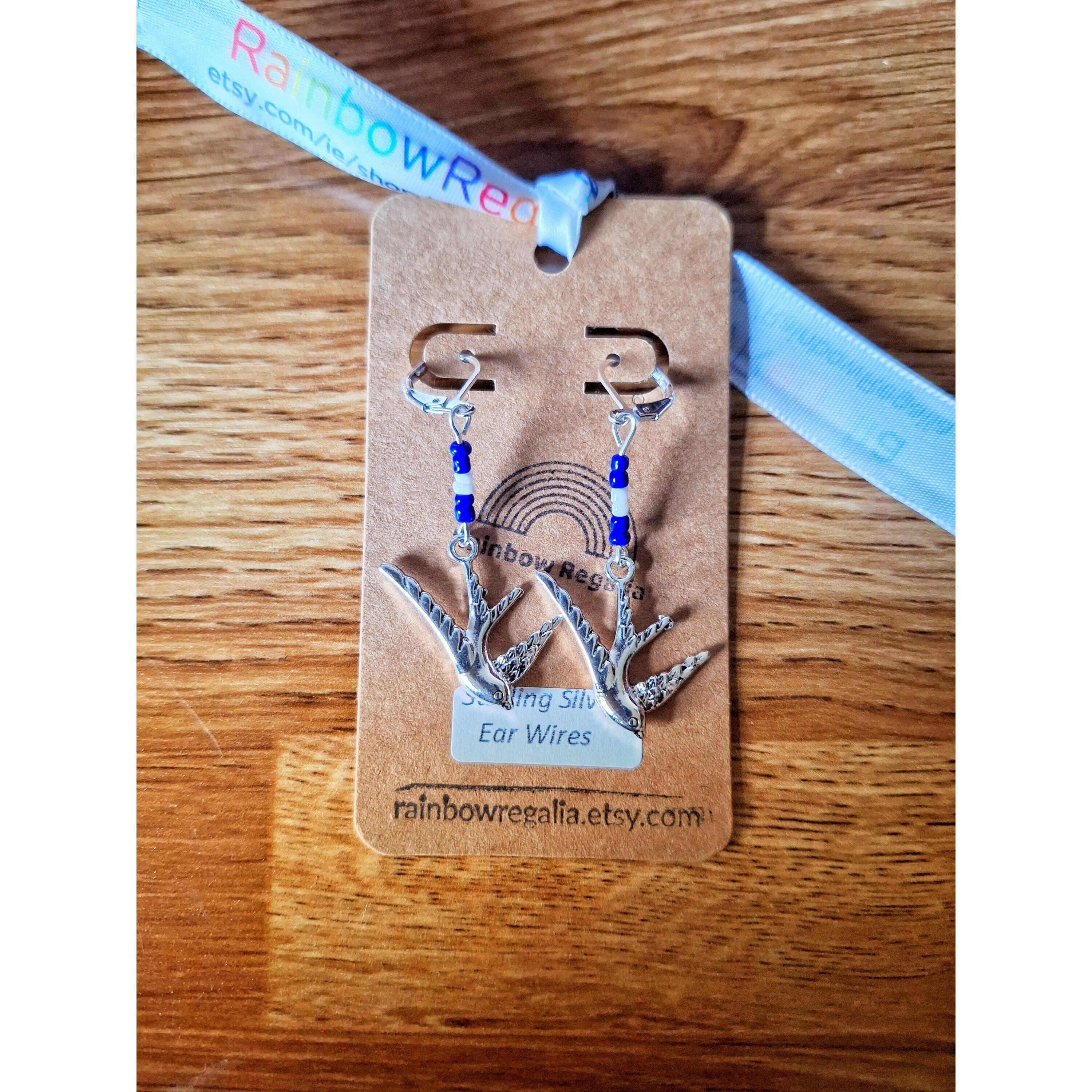 Svala Swallow Earrings with repurposed glass beads and sterling silver hooks.