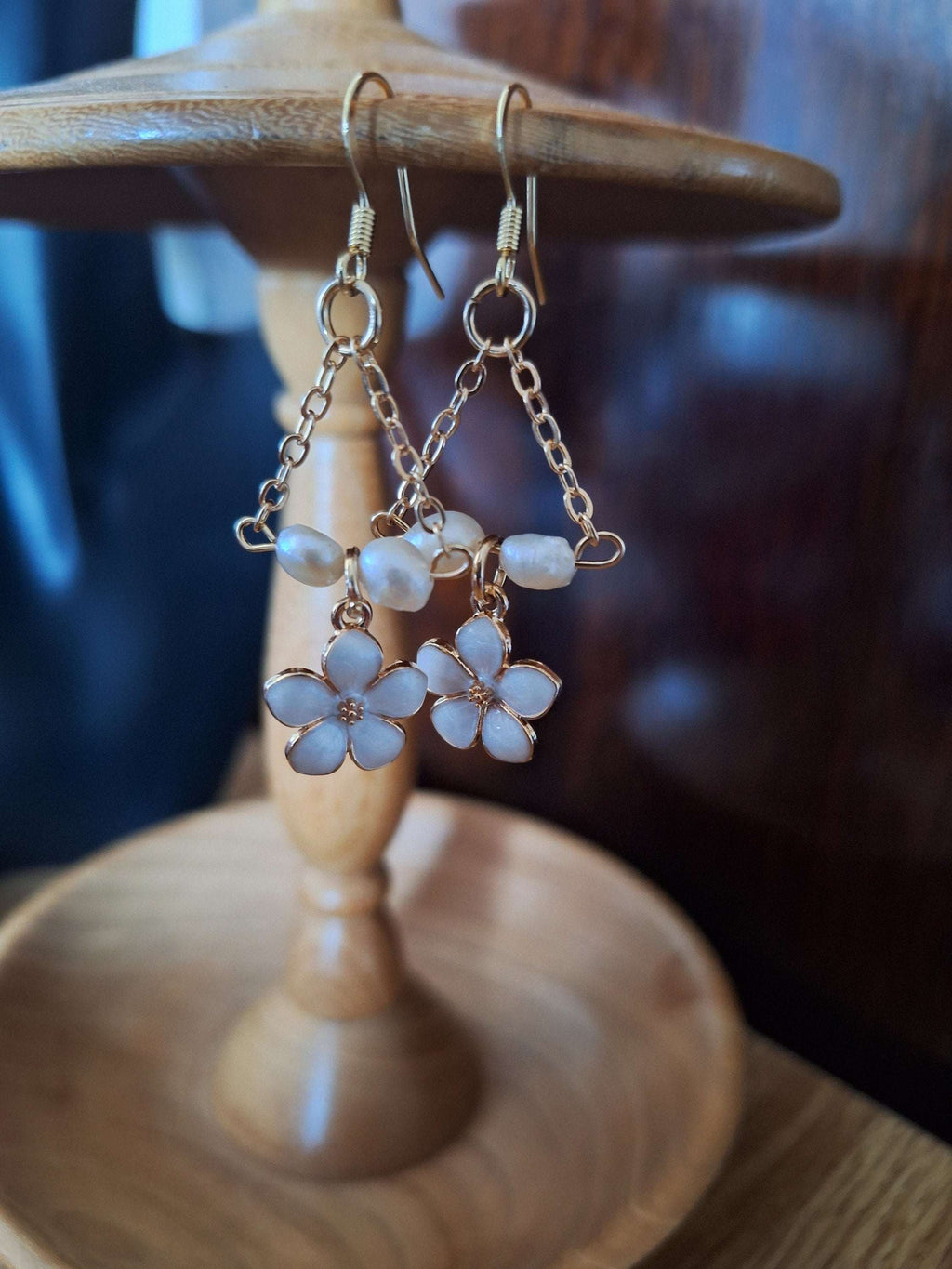 Naomi Cherry Blossom Pearl Earrings with freshwater pearls and gold-plated chain.