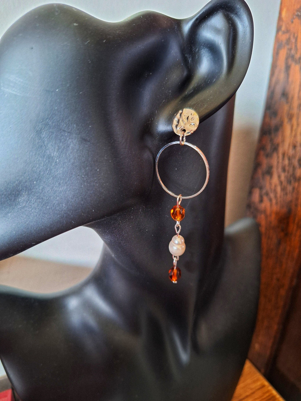 Anastasia pearl and vintage bead earrings with amber-hued faceted glass beads.