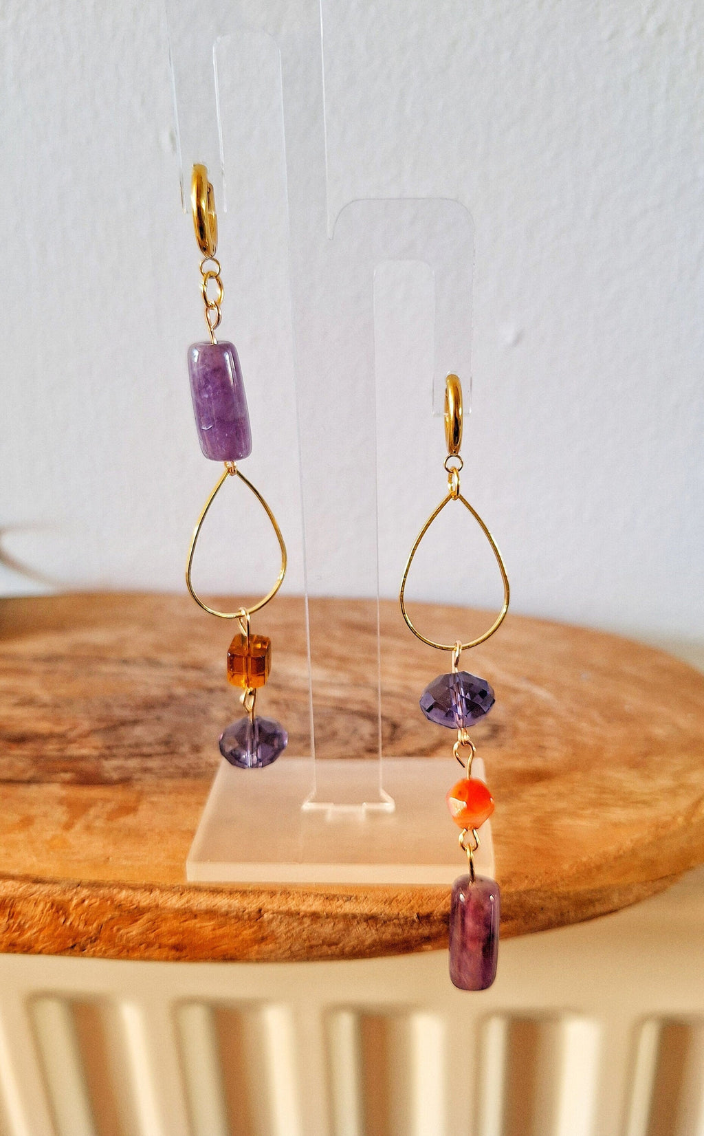 Chloe Mismatched Earrings with amethyst, tourmaline, and glass beads on gold-plated huggies.