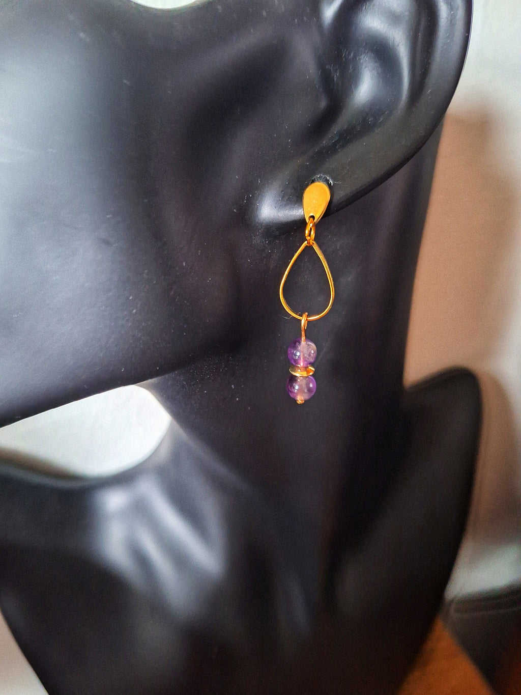 Anna Amethyst Earrings with gold-plated accents and repurposed amethyst beads on stainless steel studs.
