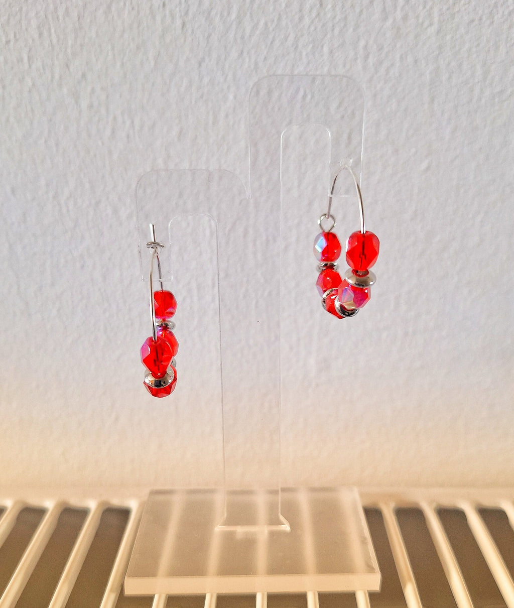 Linda Silver Beaded Hoops with red repurposed glass and ceramic beads.