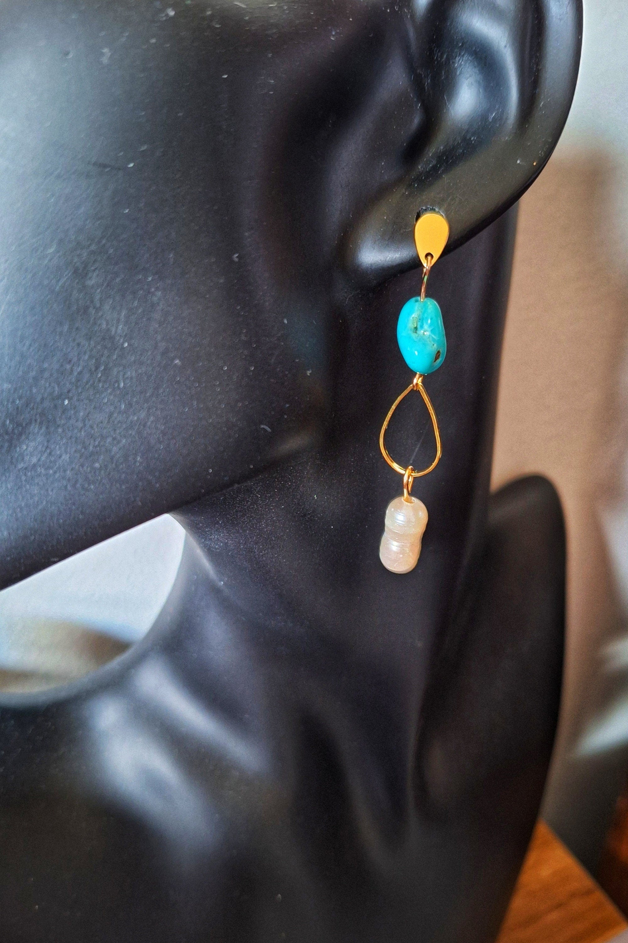 Lulu Pearl & Turquoise Drop Earrings with gold-plated studs displayed on mannequin.