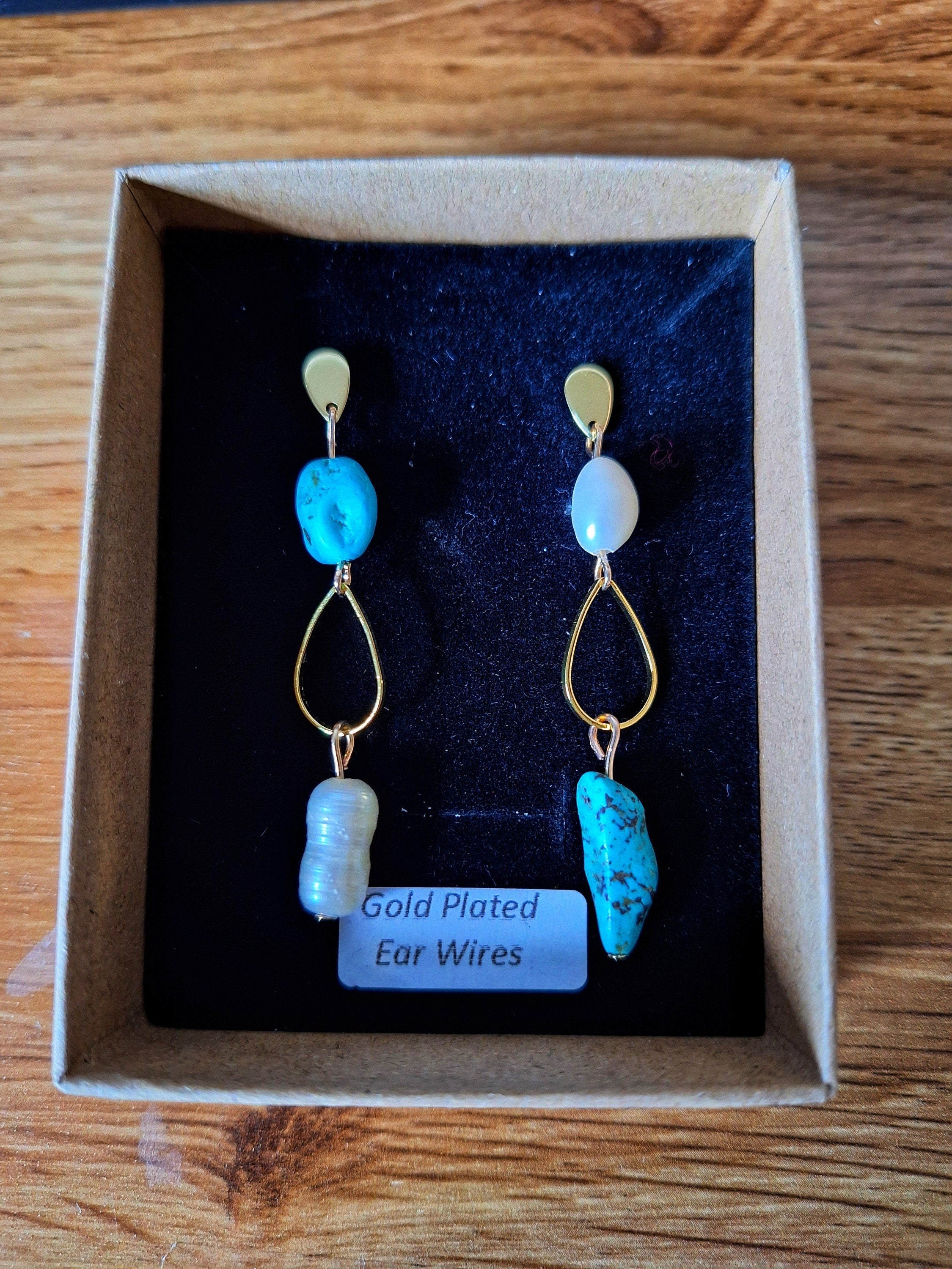 Lulu Pearl and Turquoise Drop Earrings with gold-plated studs, featuring freshwater pearls and turquoise nuggets.