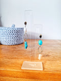 Lulu Pearl and Turquoise Drop Earrings on display with gold-plated studs, featuring repurposed freshwater pearls and genuine turquoise nuggets.